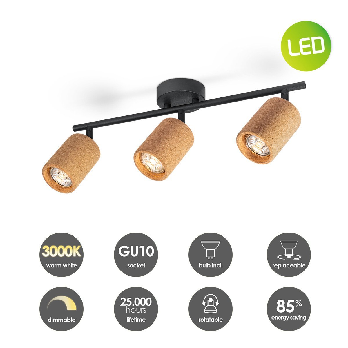 Home Sweet Home LED Surface-mounted spotlight Cork 3 - incl. dimmable LED lamp - black