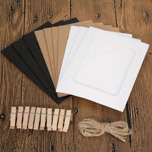 10-delige DIY Fotokartonnen Lijstenset – Inclusief Houten Clips voor Wanddecoratie