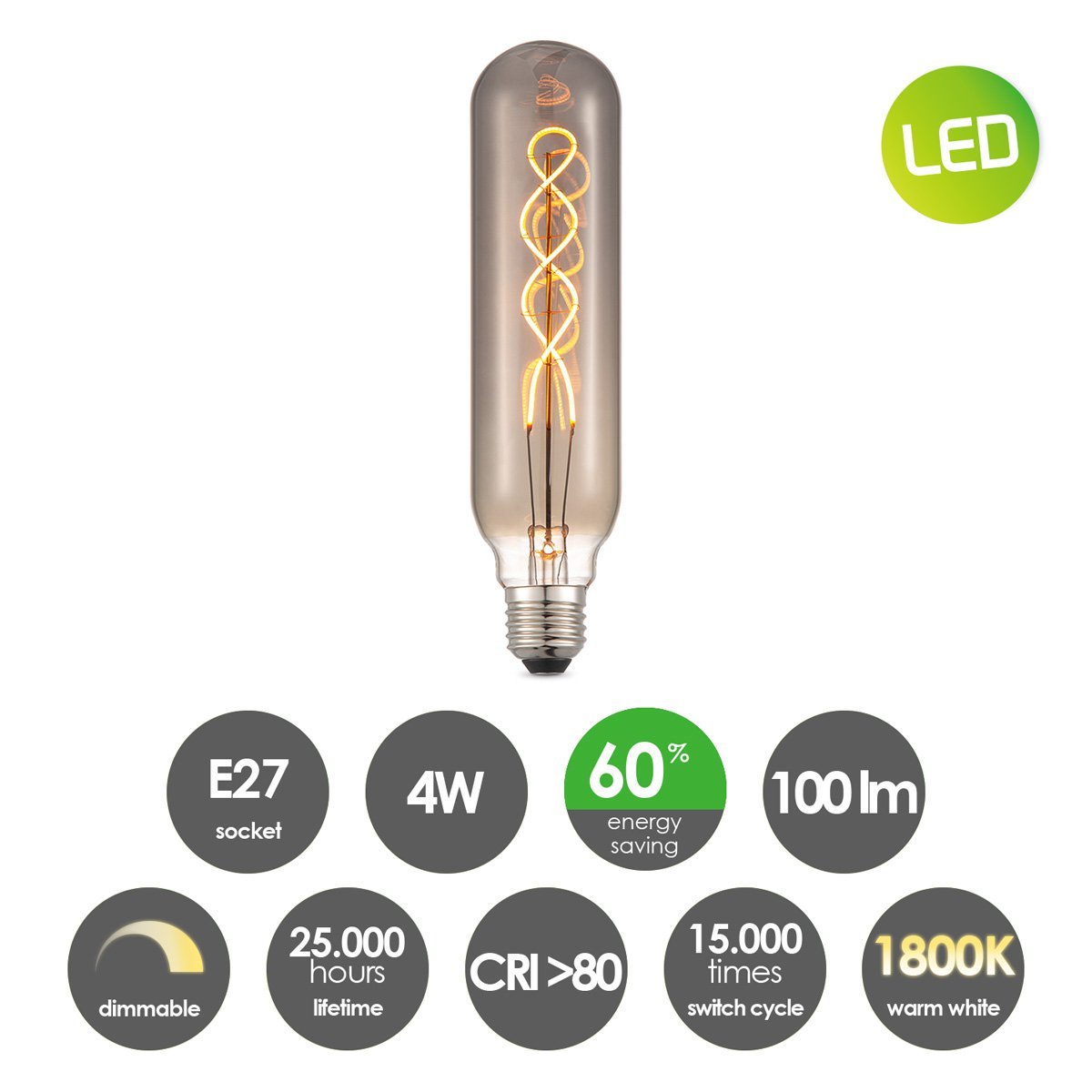 Home Sweet Home dimbare Led Tube Spiraal E27 4W 100Lm 1800K Rook