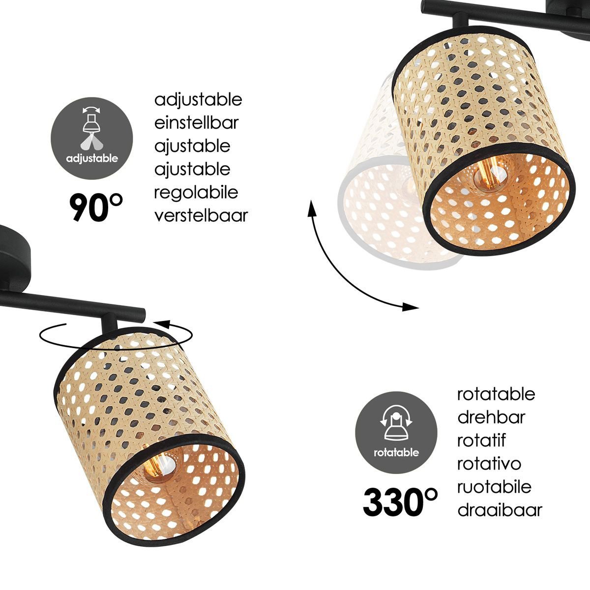 Home Sweet Home Rural LED Surface-mounted spotlight Rattan 2L - Black