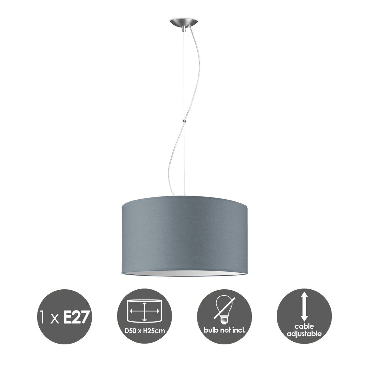 Home Sweet Home hanging lamp Deluxe with lampshade, E27, gray, 50cm