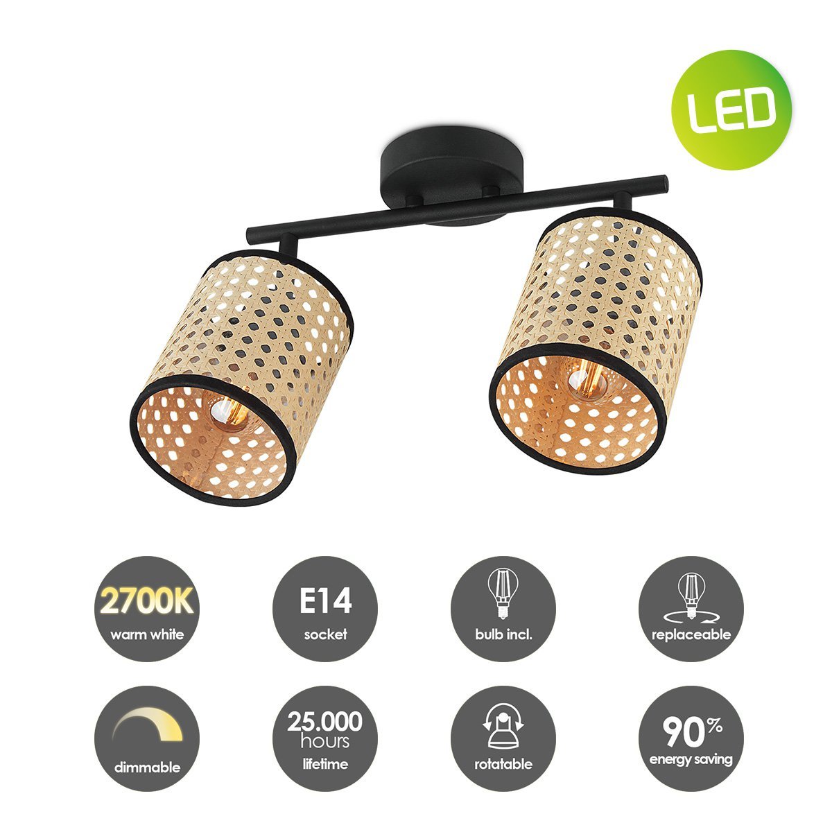 Home Sweet Home Rural LED Surface-mounted spotlight Rattan 2L - Black