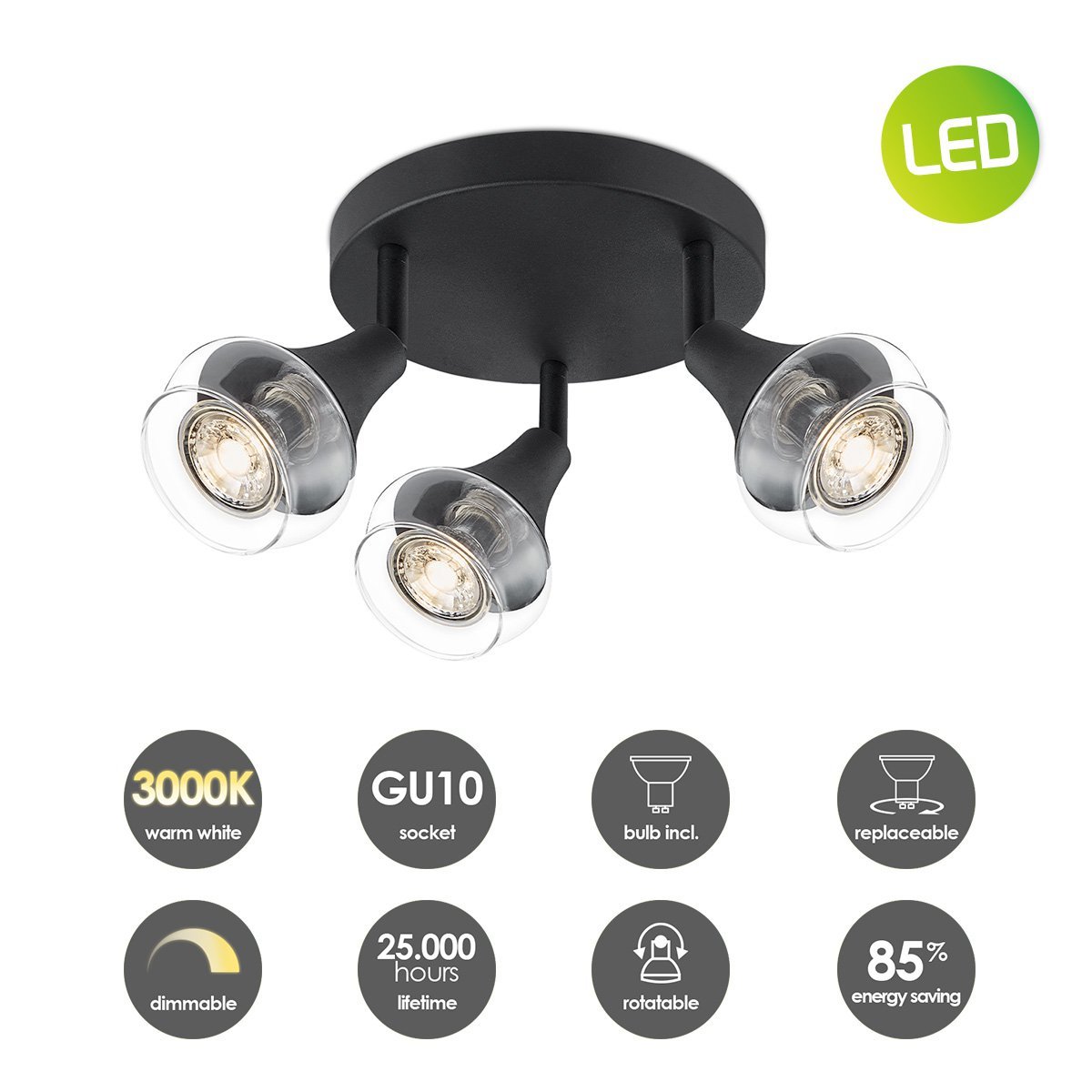 Home Sweet Home LED Surface-mounted spotlight Vaya 3 - incl. dimmable LED lamp - Black