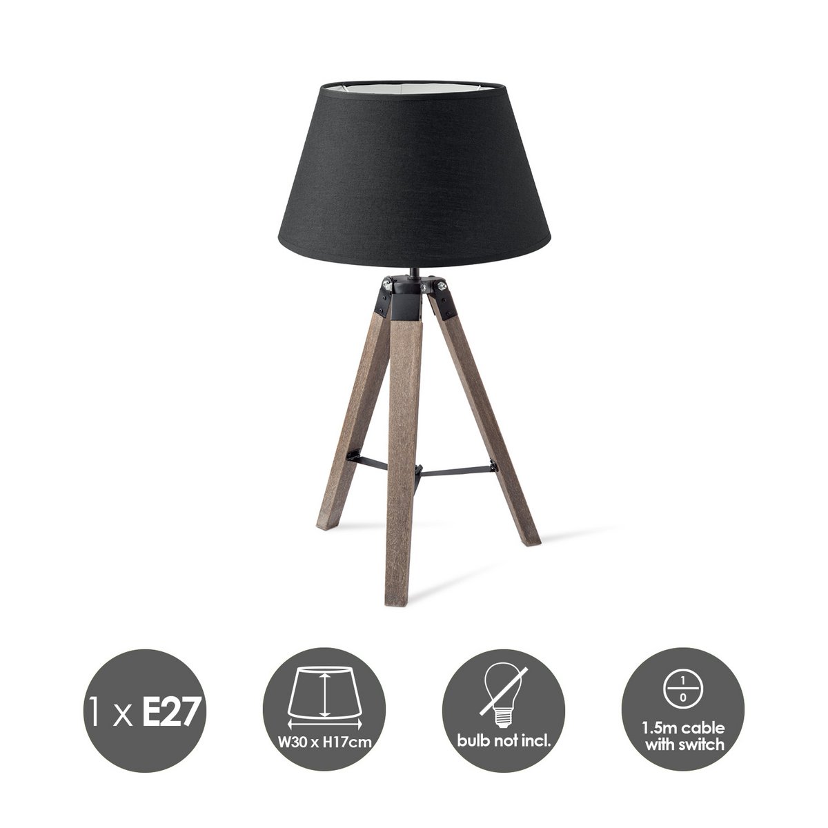 Home Sweet Home Table Lamp Largo - Natural Lamp Base - Black Lampshade