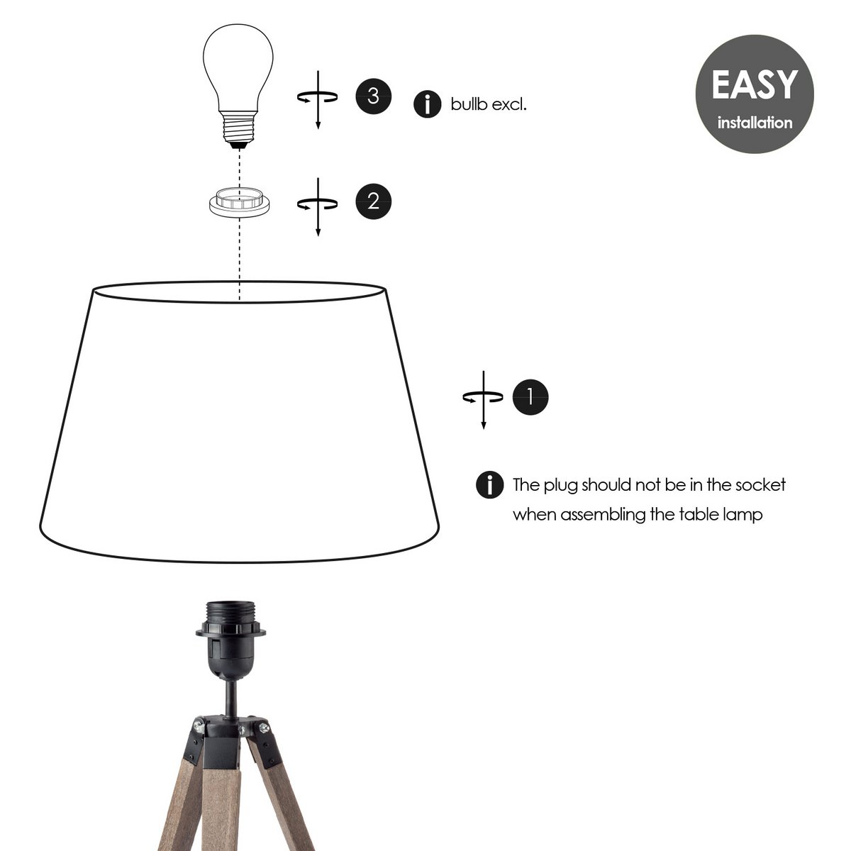 Home Sweet Home Table Lamp Largo - Natural Lamp Base - Black Lampshade