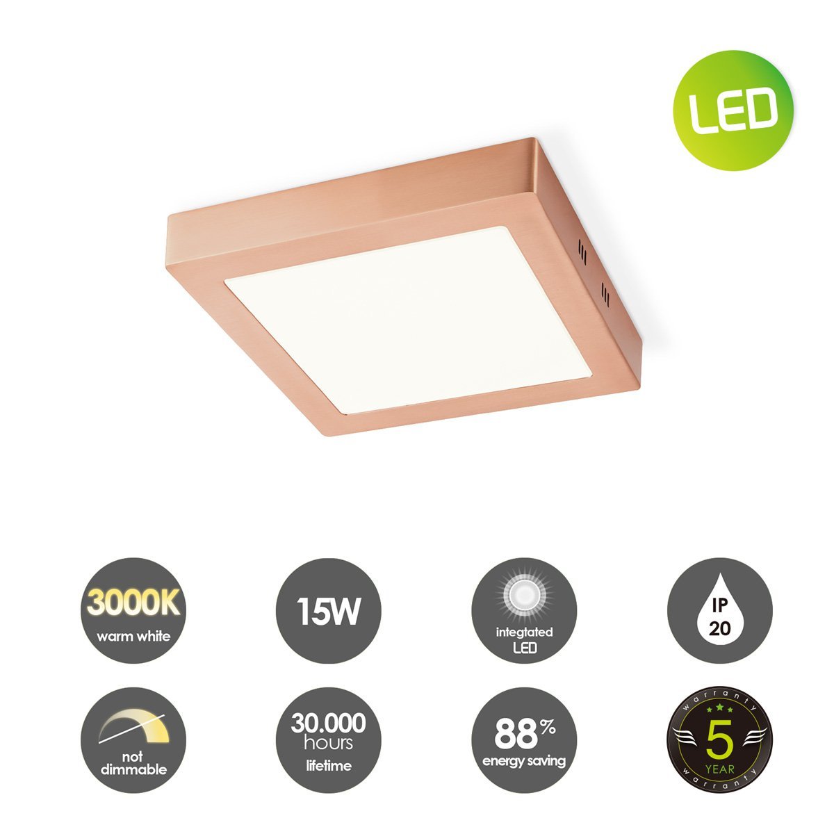 Home Sweet Home LED Ceiling Lamp Ska - Copper - Square 22/22/3.6cm