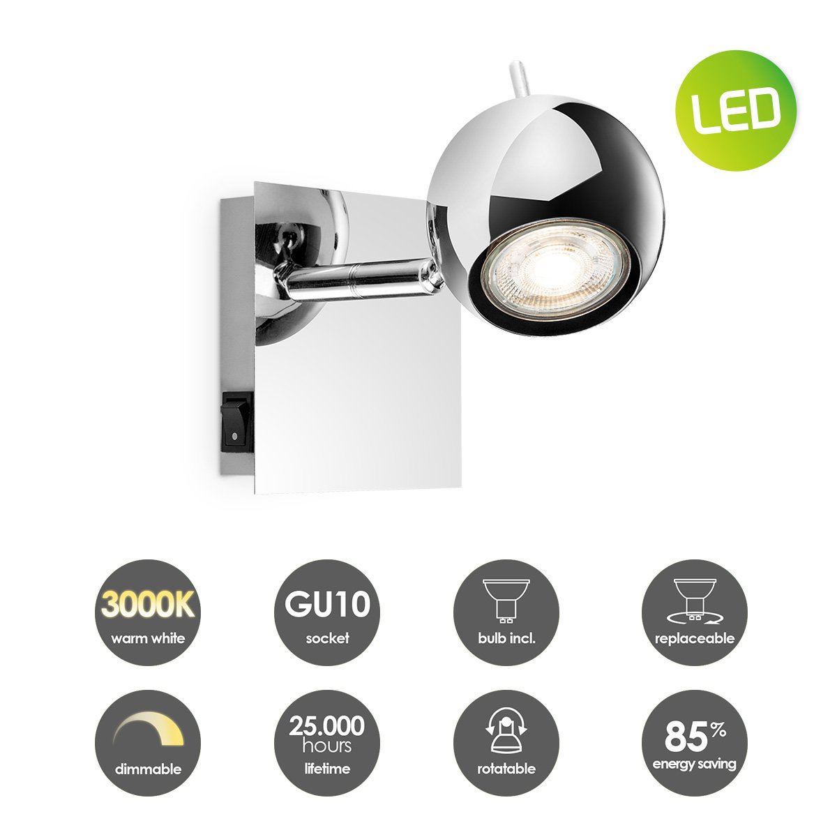 Home Sweet Home Wall spotlight Bollo - incl. dimmable LED lamp - chrome