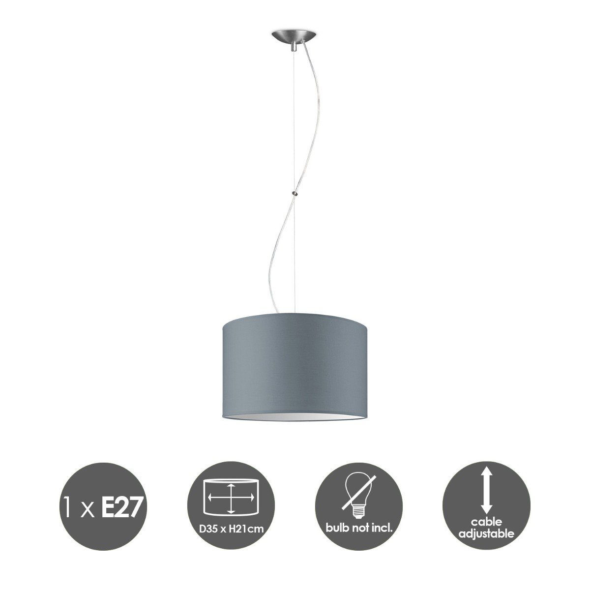 Home Sweet Home hanging lamp Deluxe with lampshade, E27, gray, 35cm