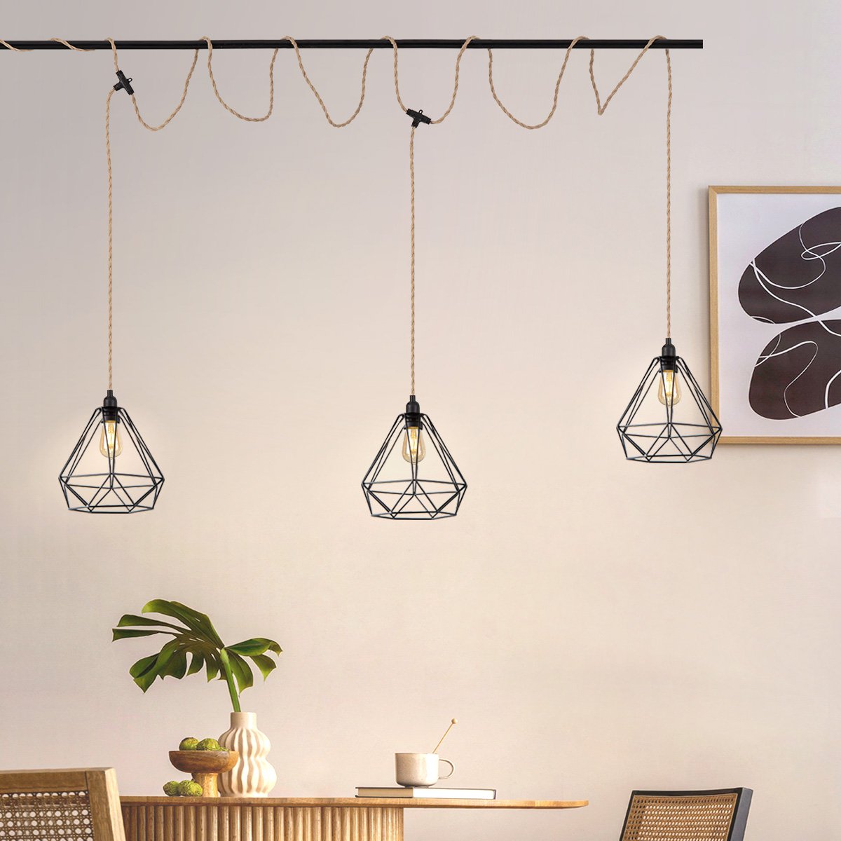 DIY Twine Hanging Lamp-L:750cm H:100cm-3pcs E27 Light Heads