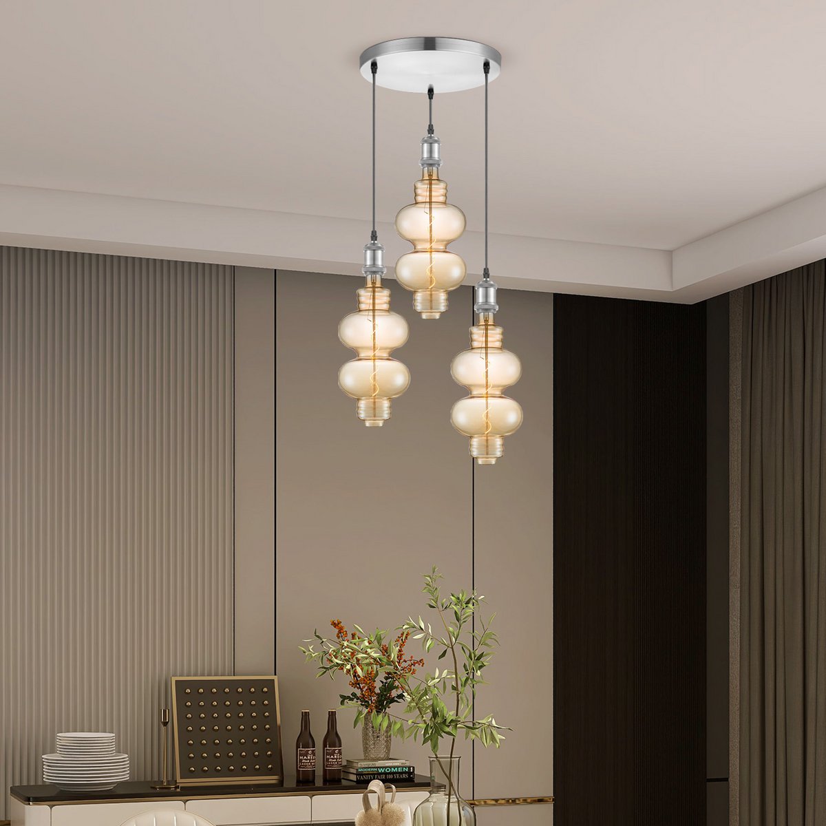 Home Sweet Home hanging lamp chrome round Diabolo 3L G180 dimmable E27 amber