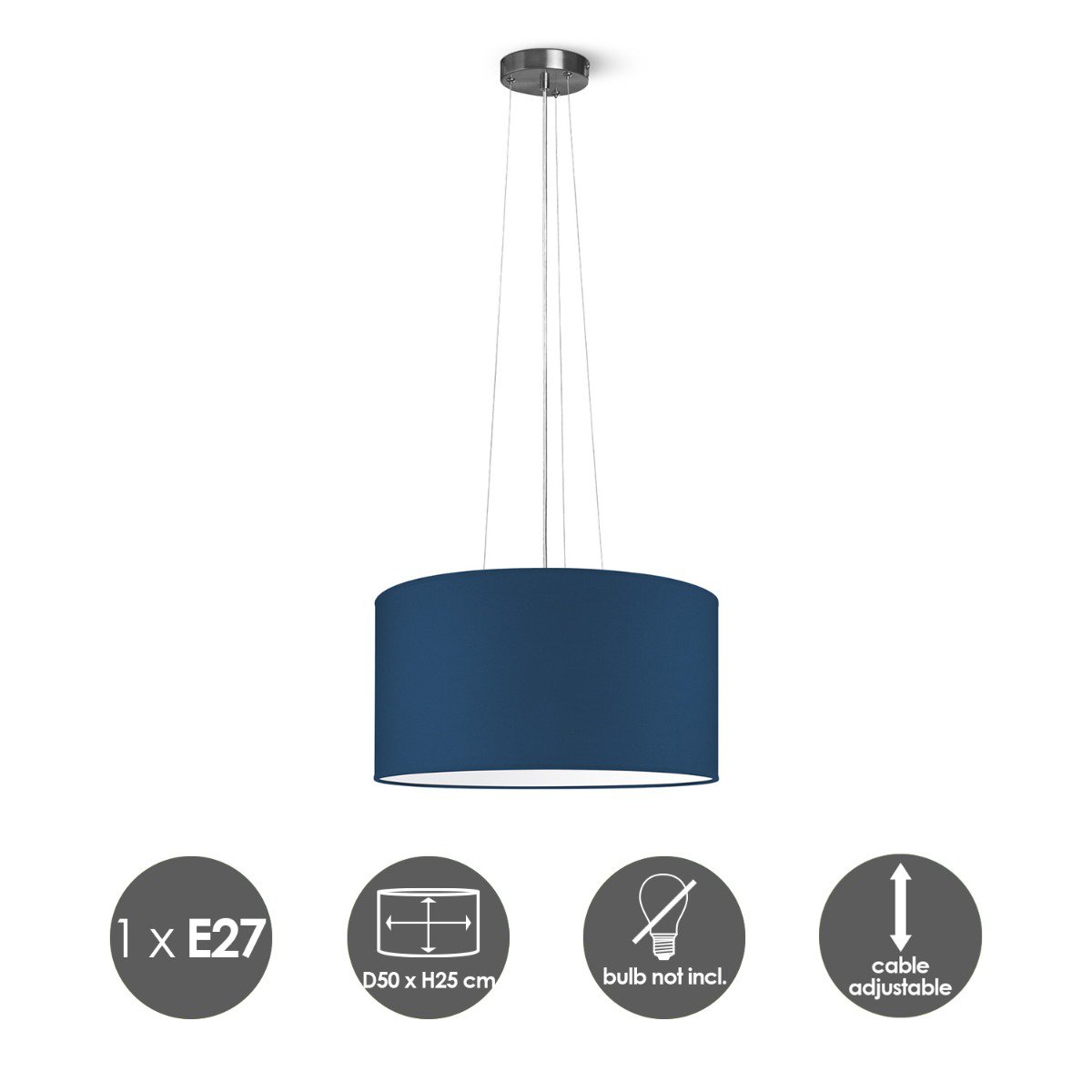 Home Sweet Home hanging lamp Hover with lampshade, E27, dark blue, 50cm