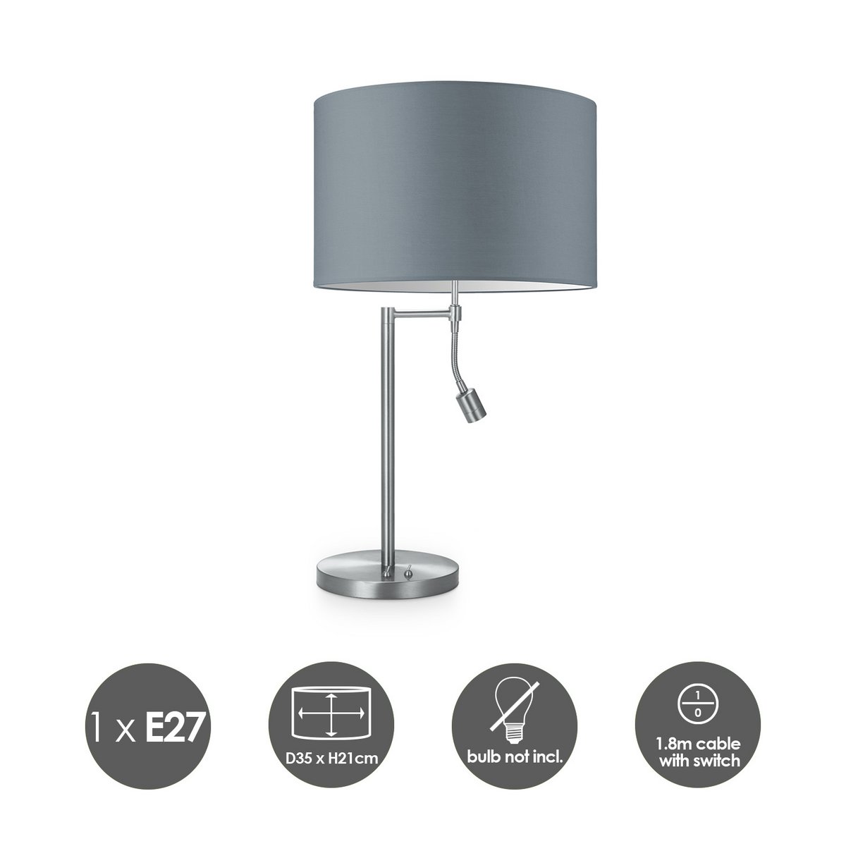 Home Sweet Home Table lamp Read, LED Reading lamp, E27, gray 35x35x47cm