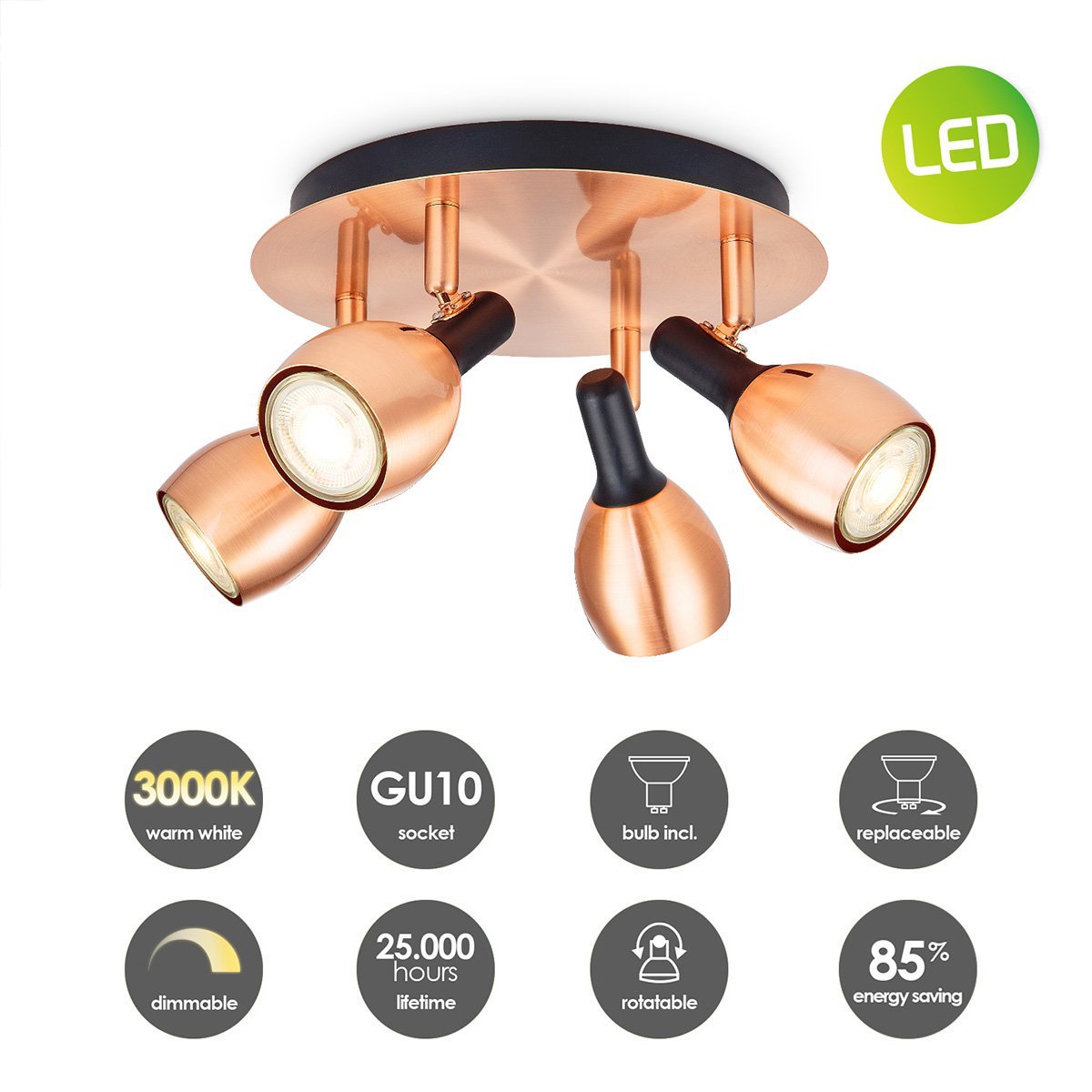 Home Sweet Home LED Surface-mounted spotlight Novi 4 - incl. dimmable LED lamp - Copper